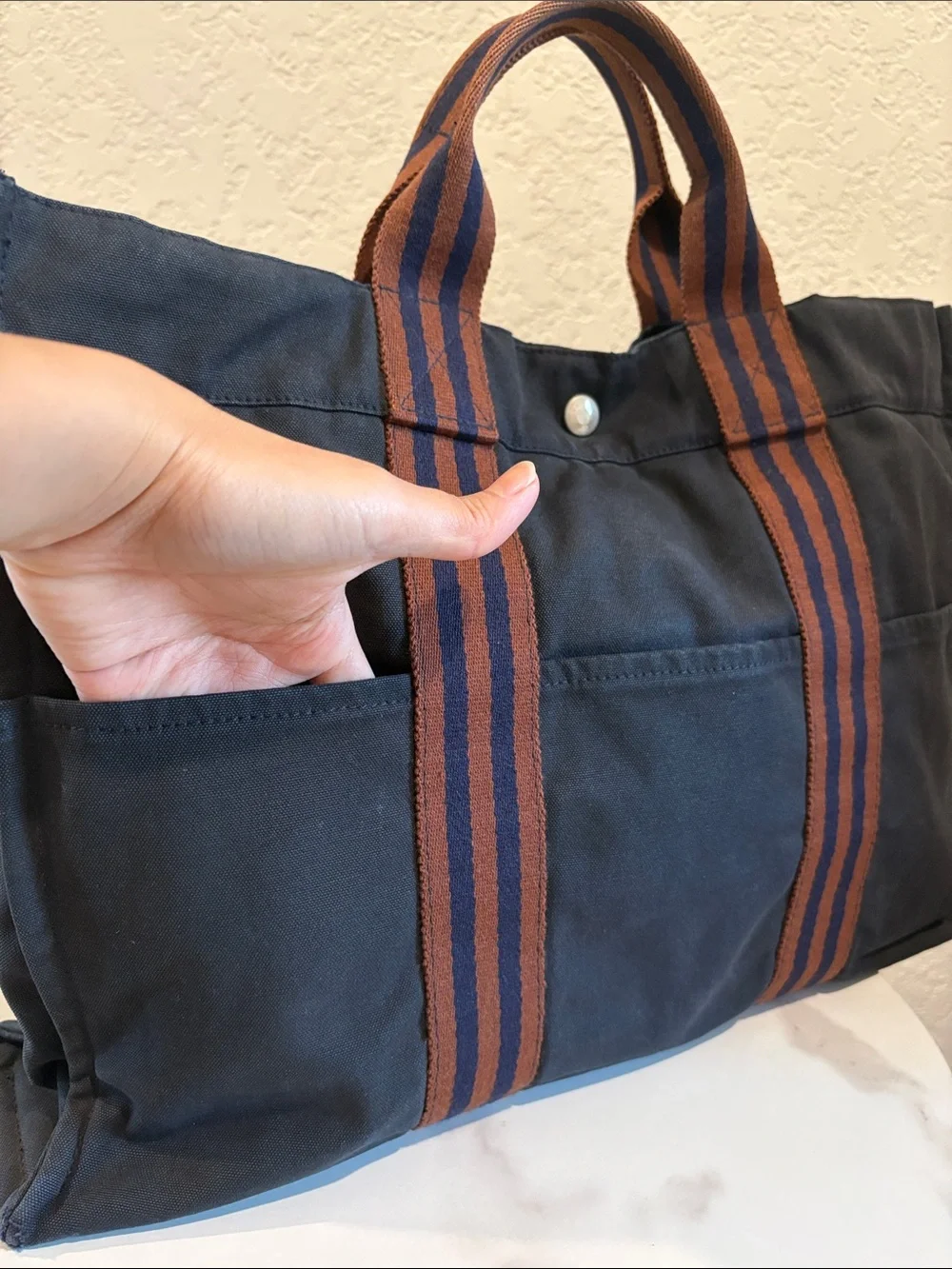 Hermes 12x17 ” Canvas Tote Unisex - Navy with Brown Straps Handbag